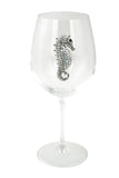 Large 18 Ounce Wine Glass with Silver Seahorse Rhinestone Emblem