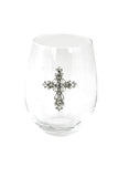 Large 18 oz Stemless Wine Glass with Silver Cross Jewels