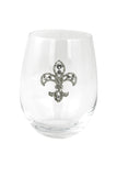 Large 18 oz Stemless Wine Glass with Silver Fleur de Lis Jewel