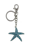 Keychain Charm Jeweled with Rhinestones - Star Fish in Silver & Blue
