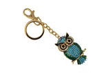 Keychain Charm Jeweled with Rhinestones - Owl in Blue & Gold