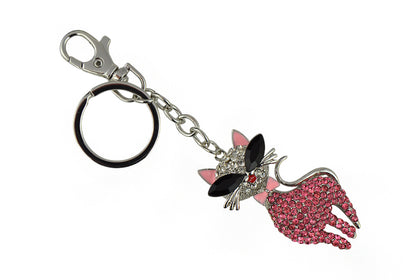 Keychain Charm Jeweled with Rhinestones - Cat in Gold & Pink