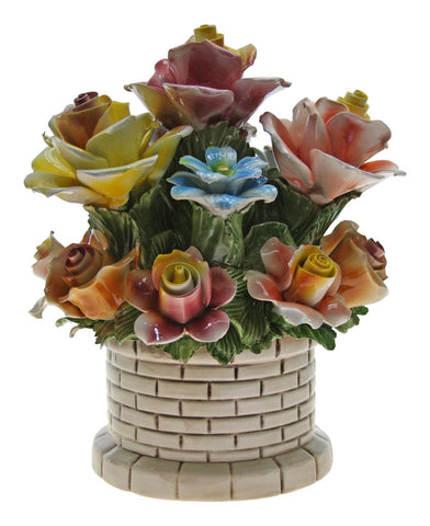 Capodimonte Flower Basket On Brick Well Mixed Flowers