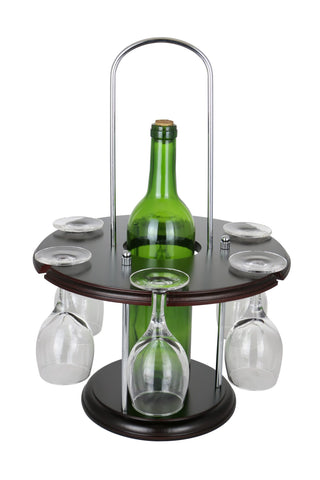 16" Inch Round Wooden Wine Bottle and Wine Glass Holder