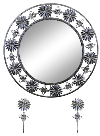24" Grey Floral Accent Mirror w/ Key Hooks