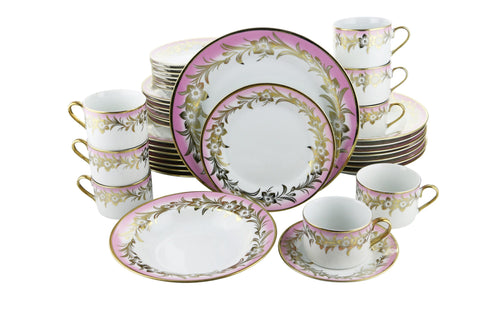 40 Piece Ceramic Dinnerware Set Pink and Gold Floral Design